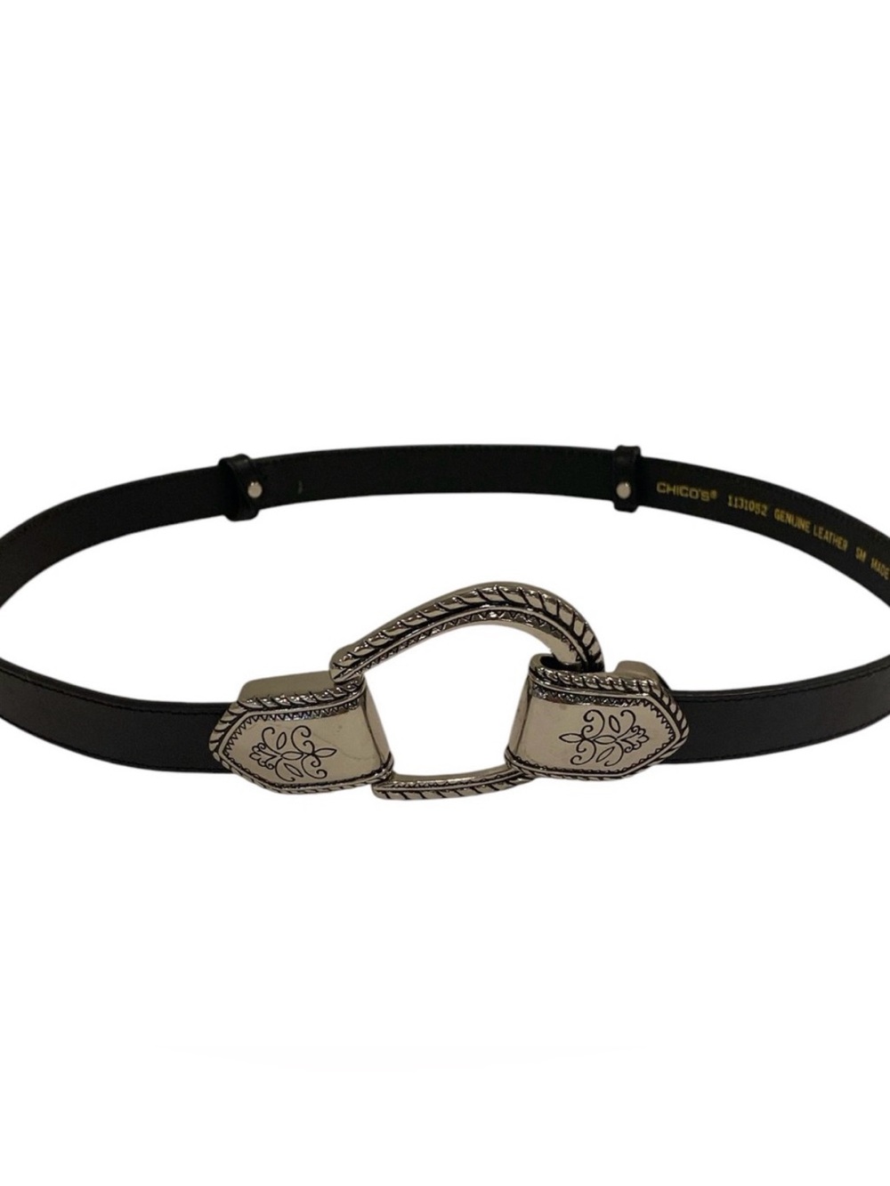 Chico’s Black Leather Belt Silver Buckle/Hardware - NWOT - Small